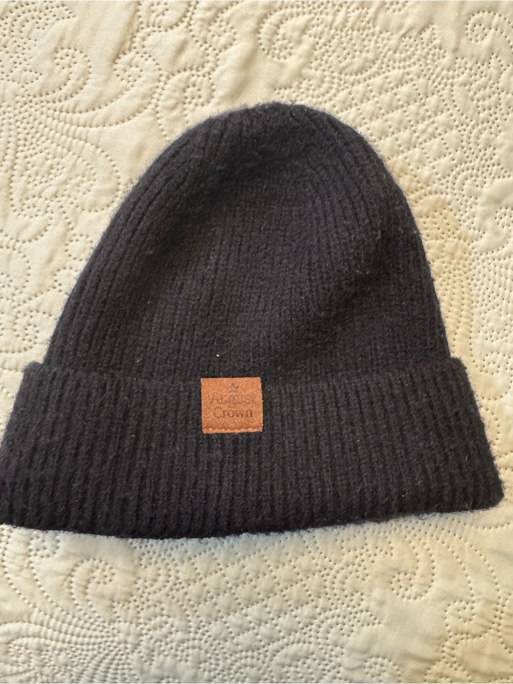 August Crown Black Ribbed Knit Beanie with Leather Patch